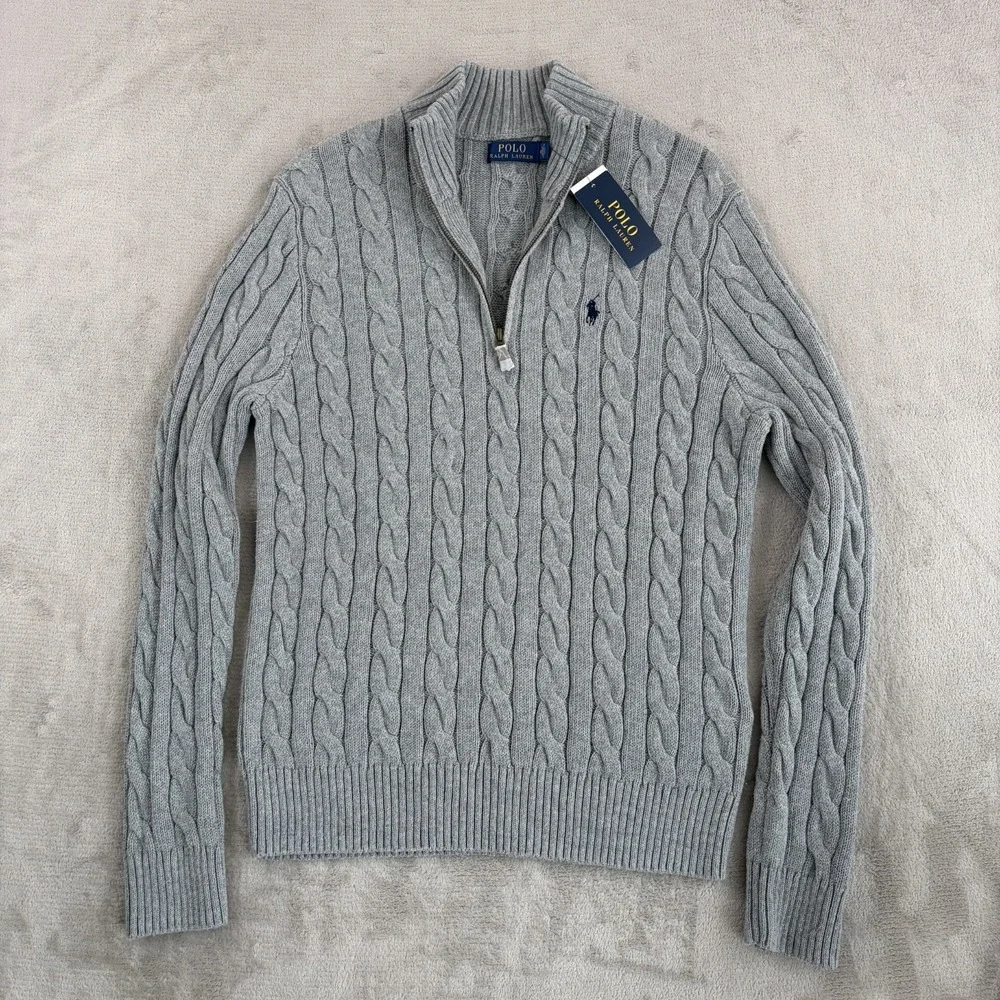 Polo Ralph Lauren Cable-Knit‎ Cotton Quarter-Zip Sweater in Grey Men Medium NWT
